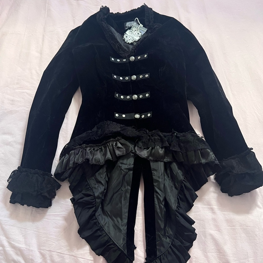 Black Velvet Victorian Jacket with Ruffle Details - Picture 7 of 7